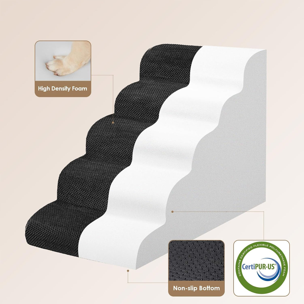 EHEYCIGA Curved Dog Stairs Ramp for High Beds, 5-Step Extra Wide Dog Steps for Small Dogs and Cats