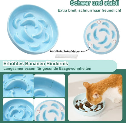 Ceramic Cat Slow Feeder Bowl - Pastel Series Cat Plate for Dry and Wet Food - Cute Maze Feeder Dish
