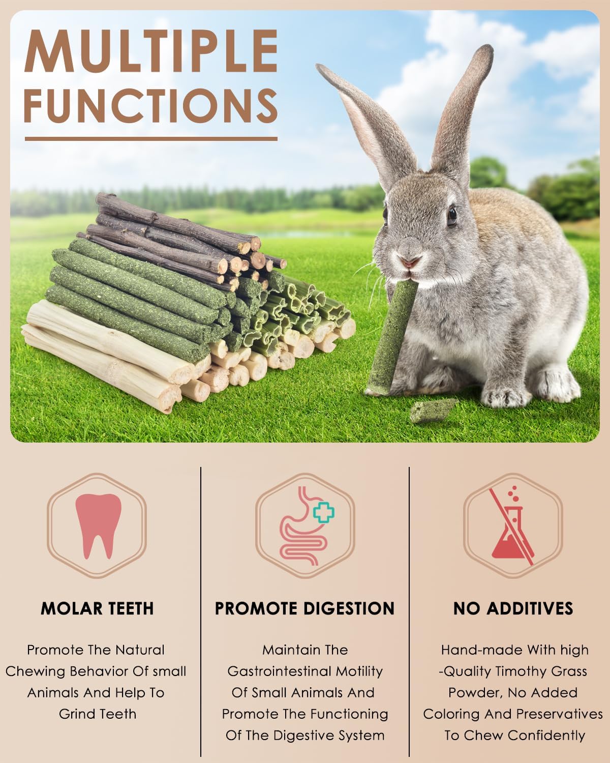Bissap 60 PCS Rabbit Chew Sticks, Sweet Bamboo Timothy Hay Chew Stick Papaya Stems Apple Branch