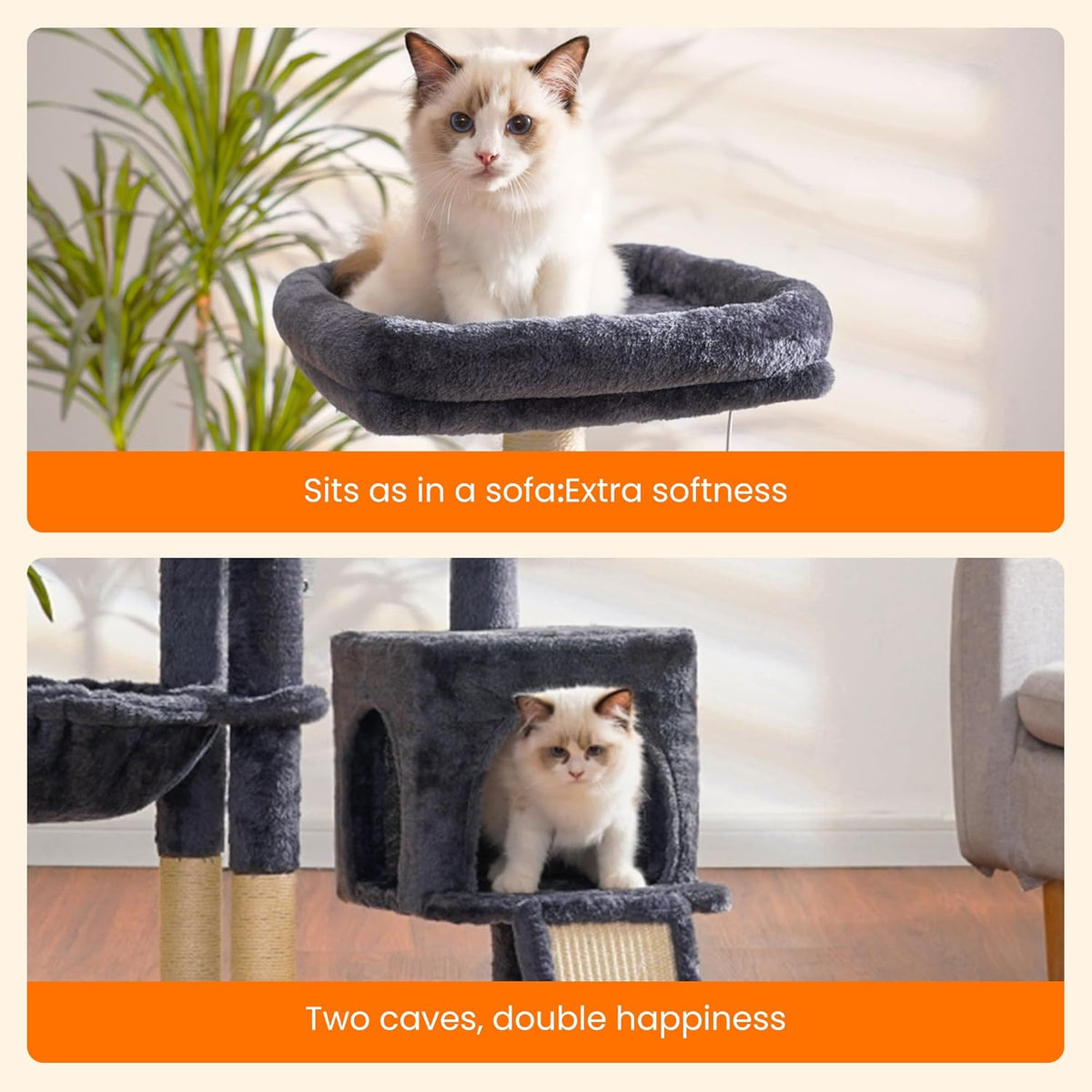 Heybly Cat Tree with Cat Self Groomer Brush, Cat Tower Condo for Indoor Cats with Padded Plush