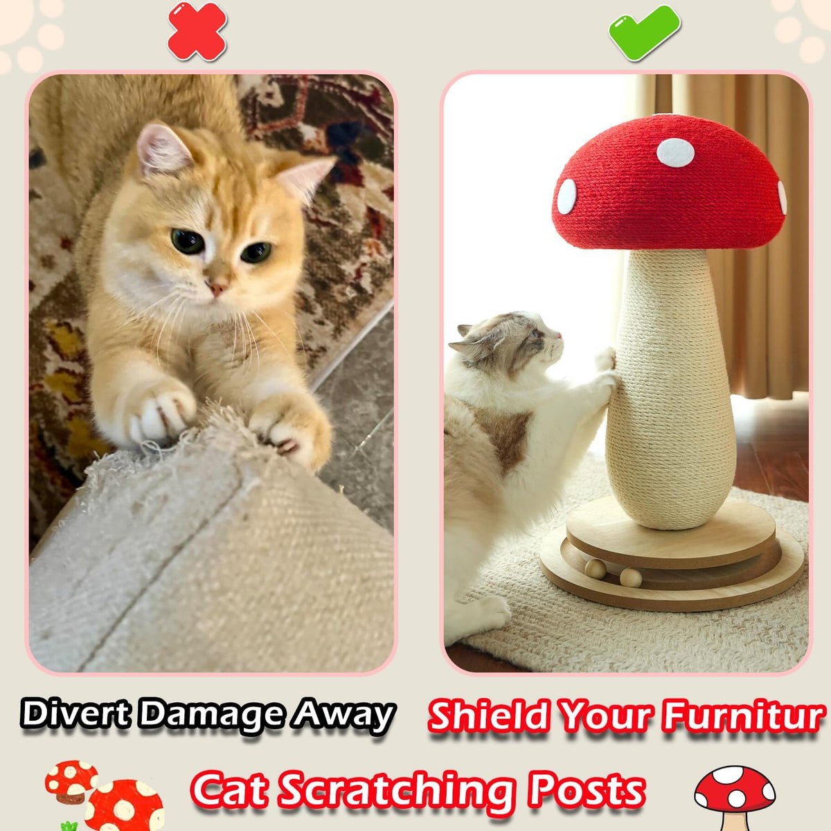 Cat Scratching Post Mushroom Cat Tree with Natural Sisal, Weighted Base & Interactive Ball - for