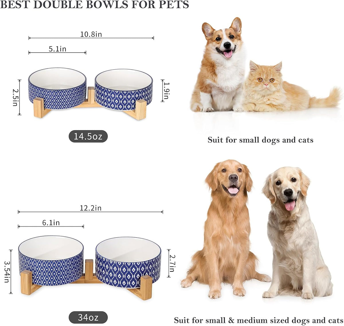 Selamica Ceramic 14 OZ Dog Bowls with Wooden Stand, Anti-Slip Dog Dishes Set for Cats & Small Dogs