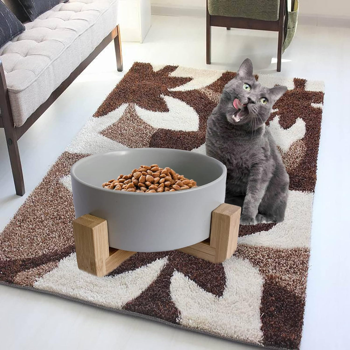 Ceramic Dog Cat Bowl with Wood Stand,Cat Food & Water Bowls Elevated Non-Spill Modern Cute Kitty