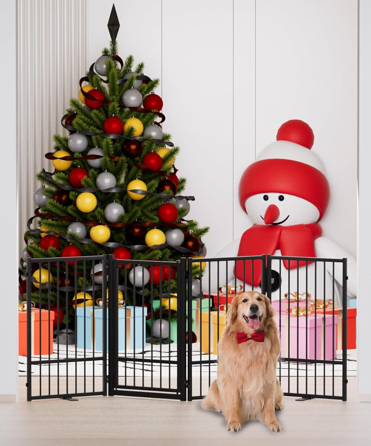 Full Metal Freestanding Dog Gate with Door, 32''Height Foldable Pet Dog Fence for Indoor & Outdoor