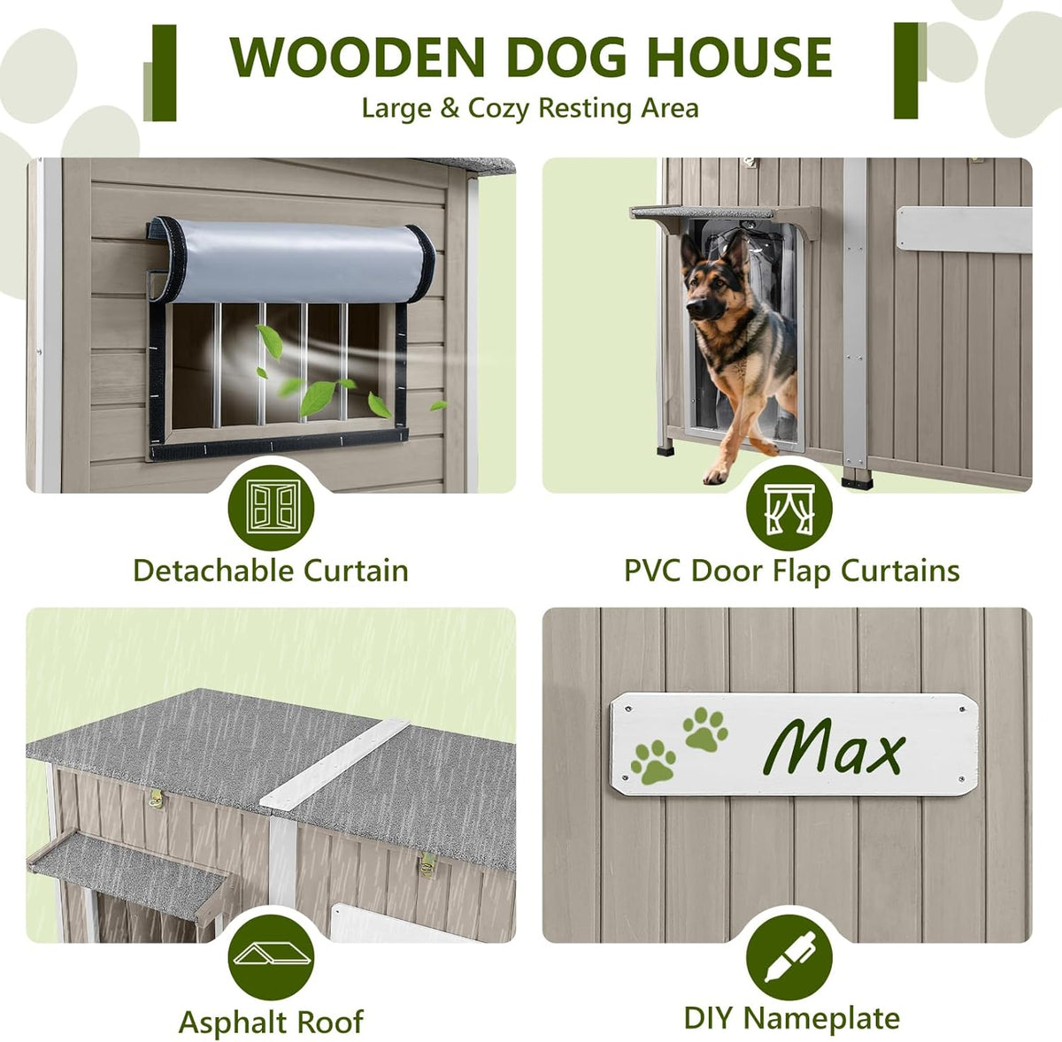 Large Dog House Outdoor XL Wooden Dog House with Weatherproof Asphalt Roof, Chew-Resistant Frame