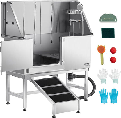 VEVOR Stainless Steel Dog Washing Station, 50 inch Pet Grooming Tub w/Ramp, PE Water Filter Board