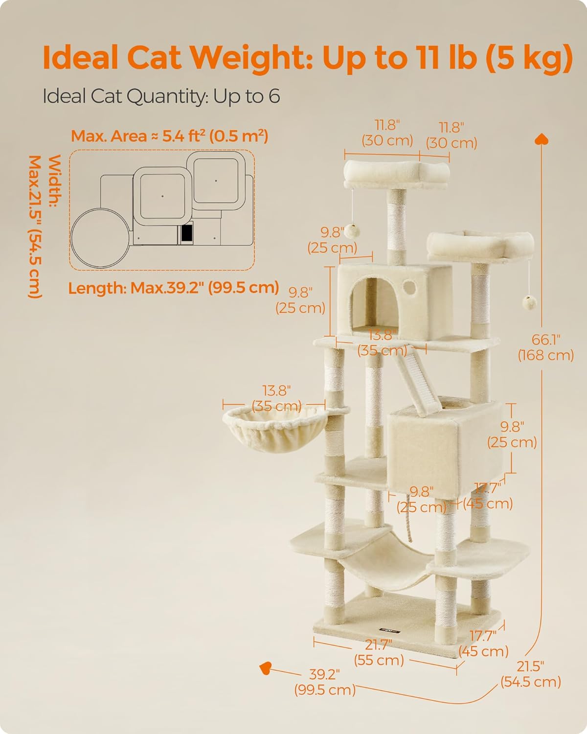 Feandrea Cat Tree, 66.1-Inch Large Cat Tower with 13 Scratching Posts, 2 Perches, 2 Caves, Basket