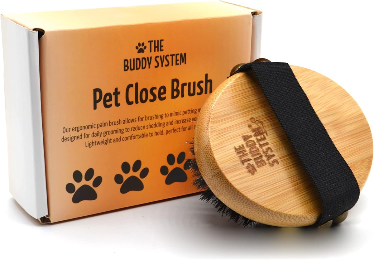The Buddy System Pet Close Brush, Soft Touch Oval Palm Brush - Bamboo Massage Handheld with Soft