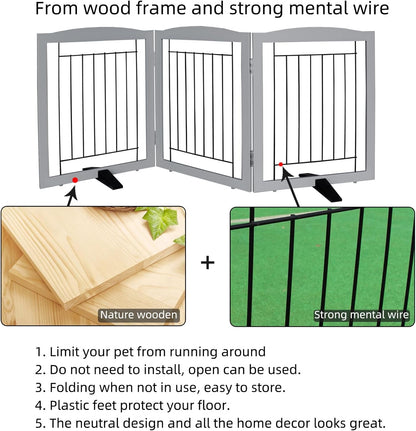 ZJSF Freestanding Dog Fence Indoor, Foldable Dog Gate for Doorways, Stairs or Hallways, Sturdy Wood