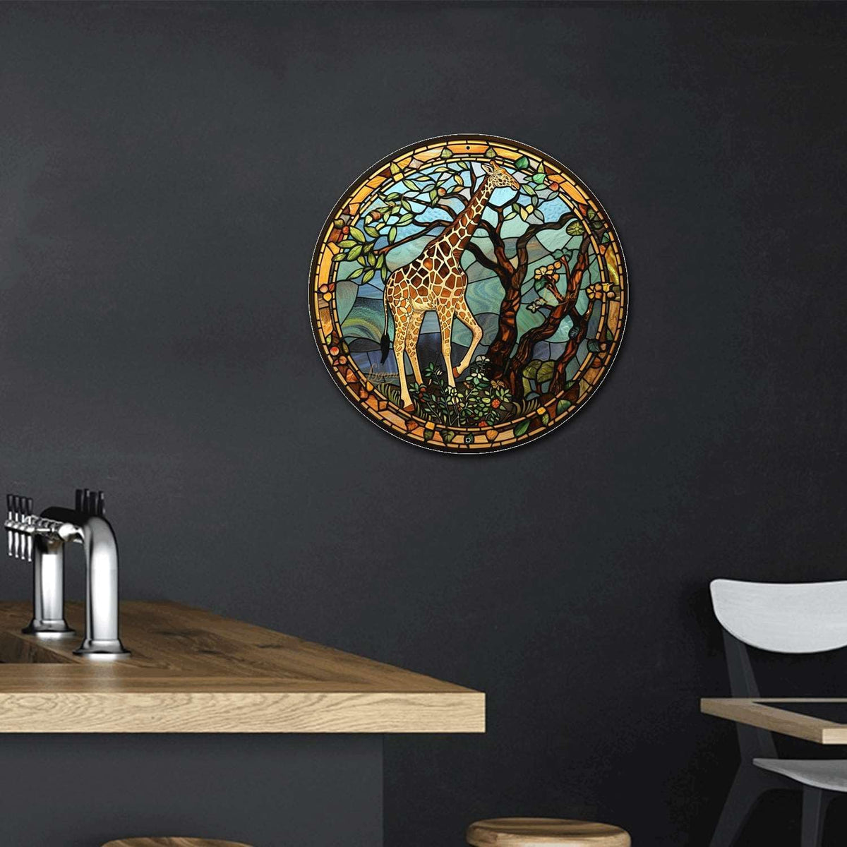 Lygond Metal Sign Tin Sign Circular Stained Glass Giraffe Bathroom Signs for Home for Garage 8×8