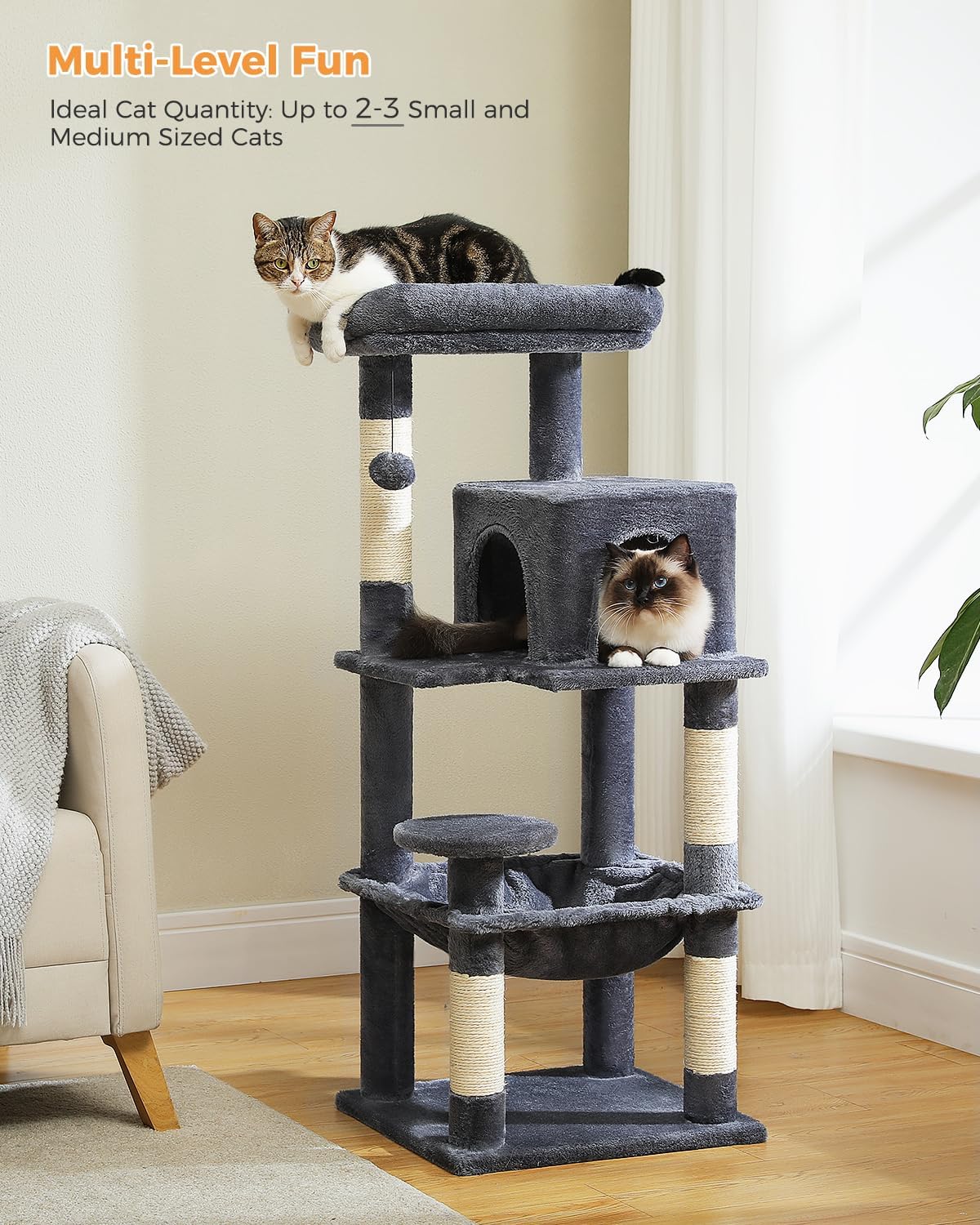 Cat Tree for Indoor Cats, 45.7" Multi-Level Cat Tower with Large Metal Frame Hammock, Cat Condo