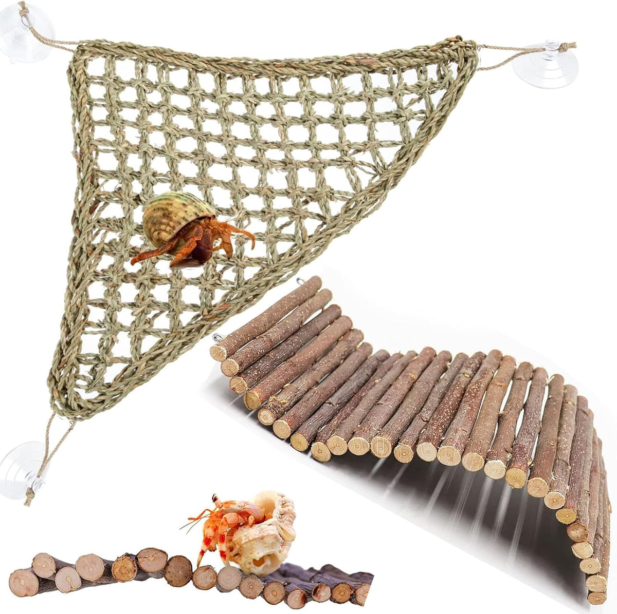 Bearded Dragon Tank Accessories Set: Reptile Habitat Decor with Climbing Hammock Toys, Natural Wood
