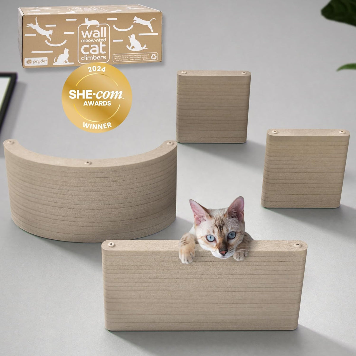 Wall Mounted Cat Shelves (Set of 4) by Pryde Pets - 100% Sustainable PET Felt Feline Enrichment