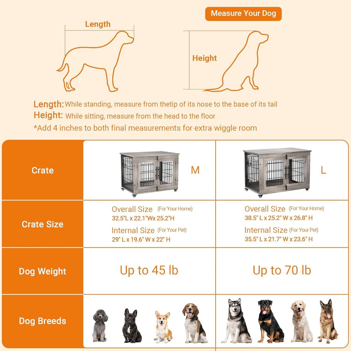 Lulive Dog Crate Furniture for Medium Dogs, 32'' Dog Kennel Indoor with Cushion & Wheels Wooden Dog