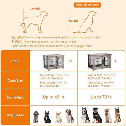 Lulive Dog Crate Furniture for Medium Dogs, 32'' Dog Kennel Indoor with Cushion & Wheels Wooden Dog