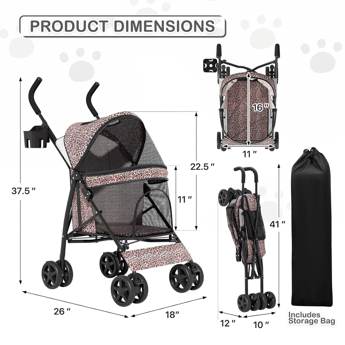 MoNiBloom 4 Wheels Pet Stroller, Easy-Fold Umbrella Shaped Dog Cat Jogger Stroller w/Storage Bag &
