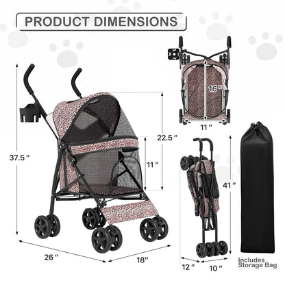 MoNiBloom 4 Wheels Pet Stroller, Easy-Fold Umbrella Shaped Dog Cat Jogger Stroller w/Storage Bag &