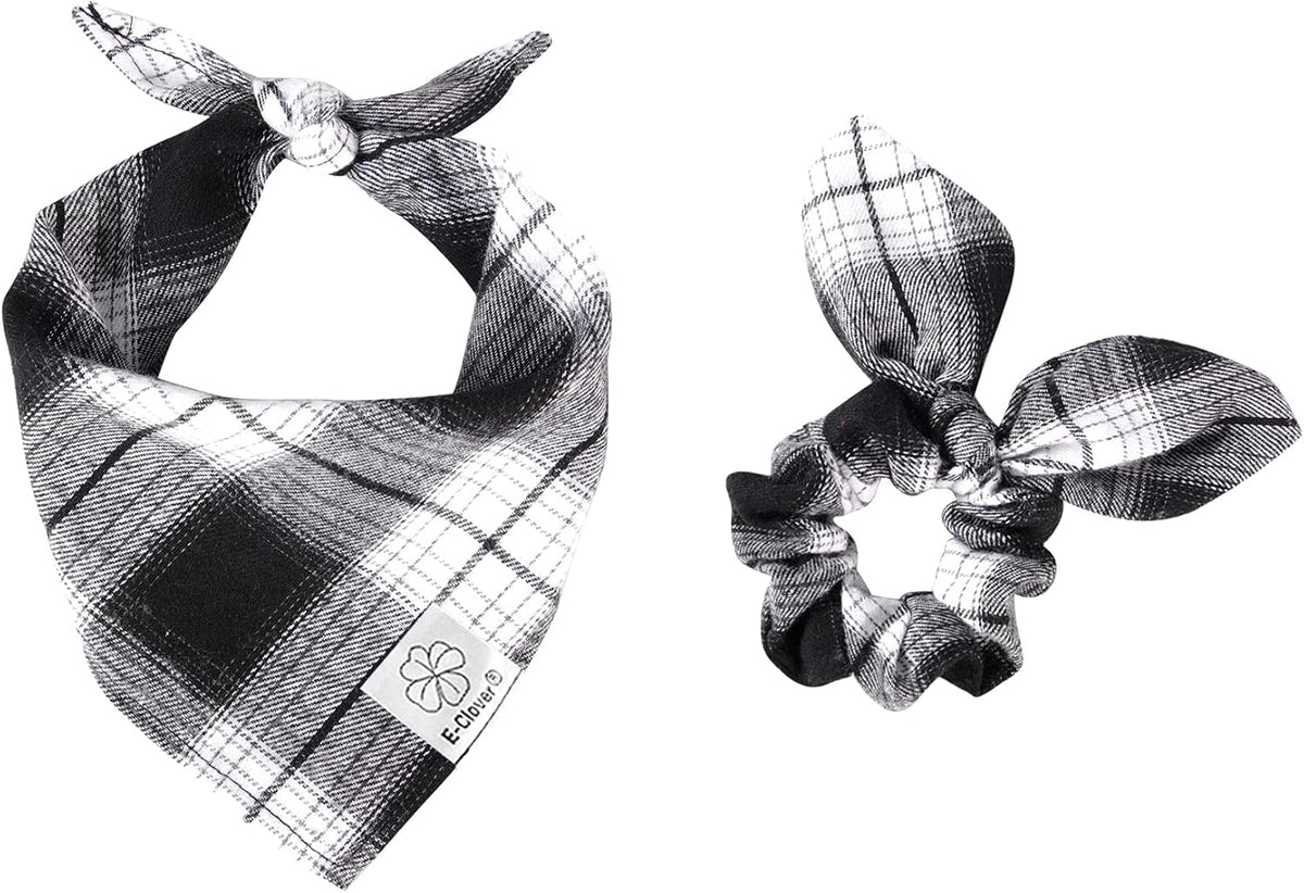 E-Clover Plaid Dog Scarf & Matching Scrunchie Set - Triangle Pet Bandana Bibs for Small Dog Puppy