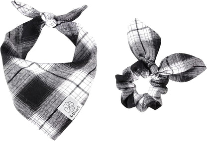 E-Clover Plaid Dog Scarf & Matching Scrunchie Set - Triangle Pet Bandana Bibs for Small Dog Puppy