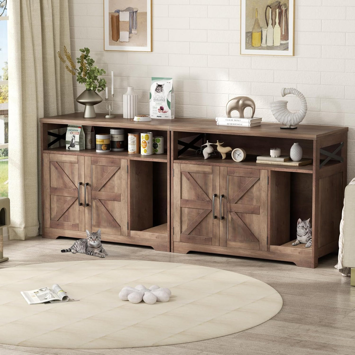 Cat Litter Box Enclosure, Hidden Litter Box Furniture with Scratch Pad, Farmhouse Indoor Cat House