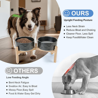 SPUNKYJUNKY Elevated Dog Bowls Ceramic, 7.3'' Dogs Food Water Bowls Raised with Non-Slip Bamboo