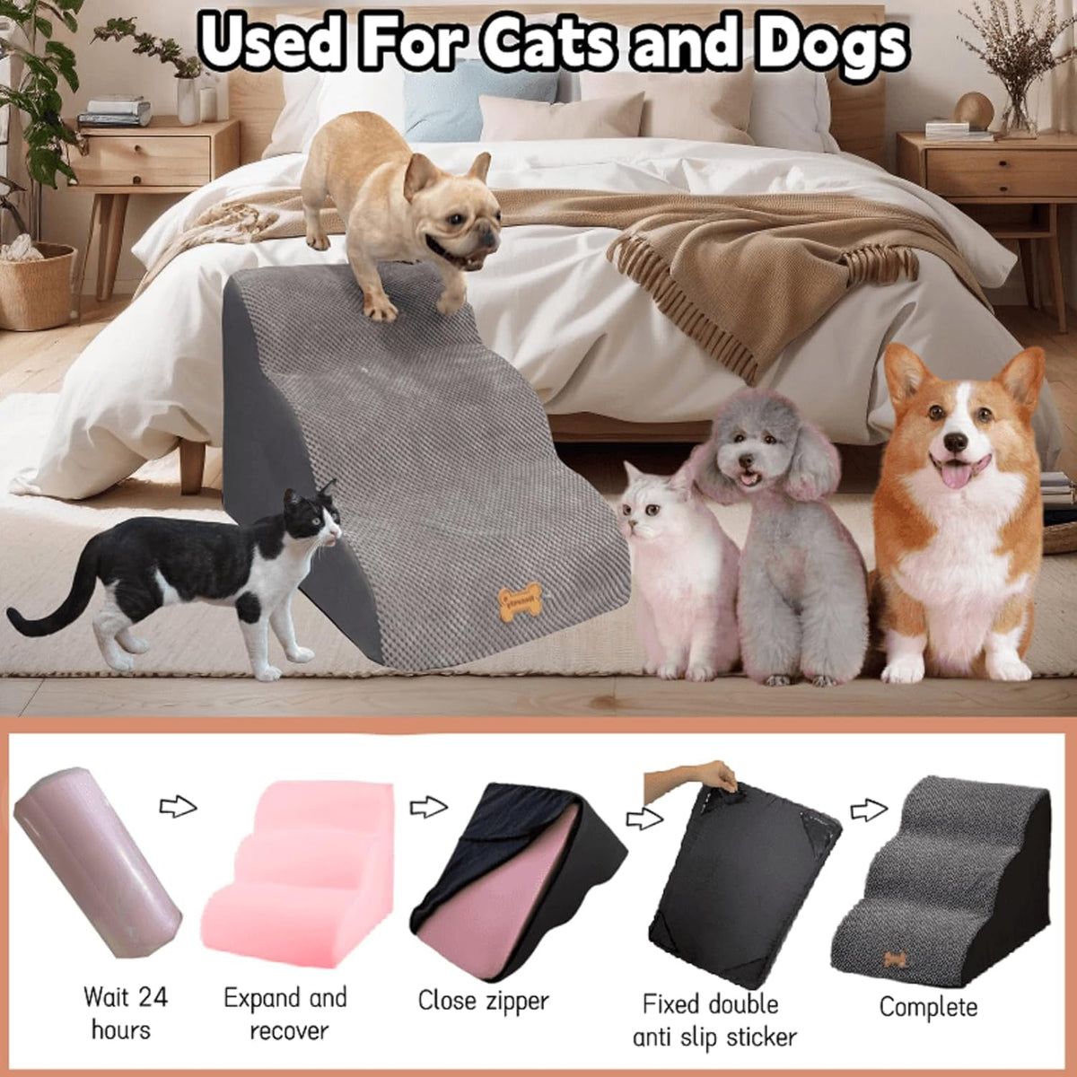 3-Step Dog Stairs for High Beds & Couches Multi-Step Non-Slip Pet Steps with Balanced Ramp Indoor 2