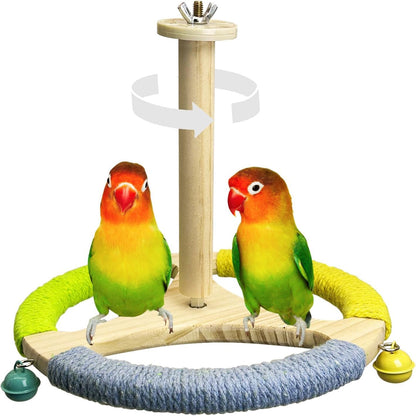 PINVNBY Hanging Bird Stand Perch Toy Wooden Spinning Parrot Perch with Cotton Rope and Bell