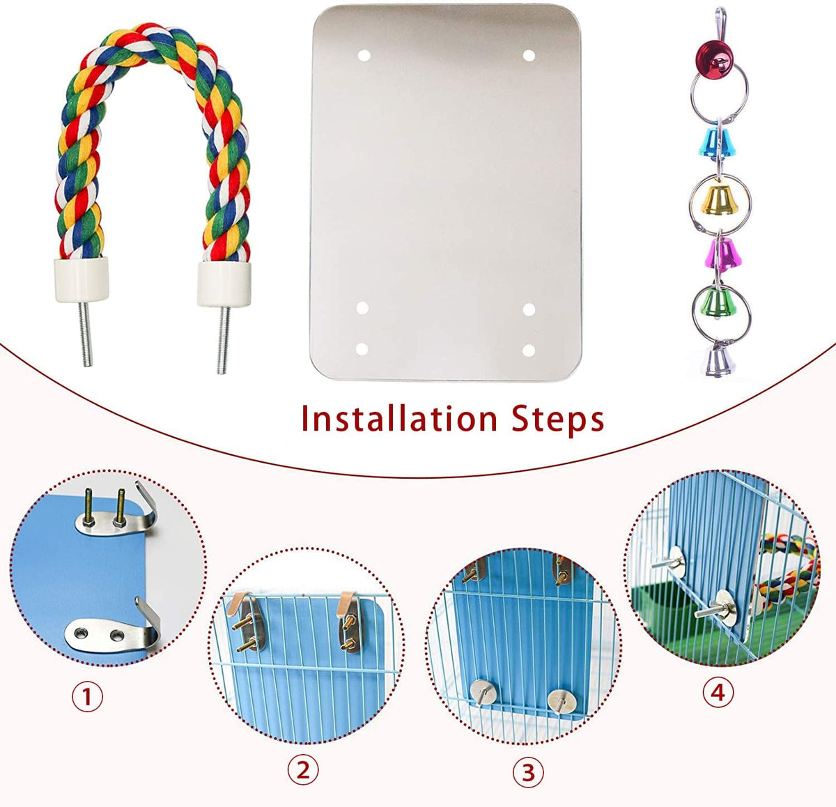 7" Bird Mirror with Rope Perch Bird Toys Swing, Comfy Perch for Greys Amazons Parakeet Cockatiel