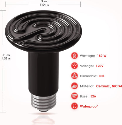 Ceramic Heat Emitter for Reptiles, 150W Heat Lamp Bulb, Ceramic Reptile Heat Bulb Black, No Light
