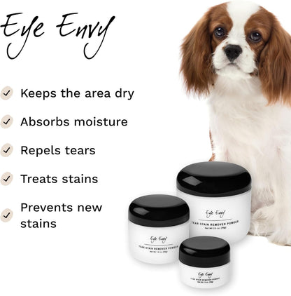 Eye Envy Tear Stain Remover Powder for Dogs and Cats. 100% Natural, Safe. Apply Around Eyes.