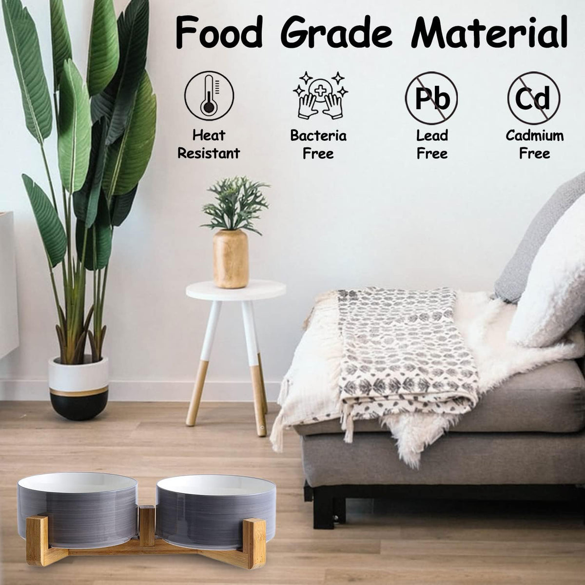Petygooing Dog Bowls,Ceramic Cat Dog Bowl Set with Wood Stand for Food and Water,Non-Slip Weighted