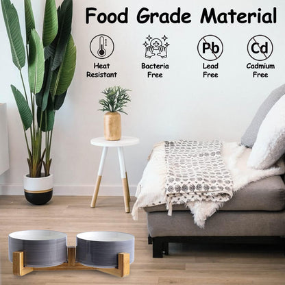 Petygooing Dog Bowls,Ceramic Cat Dog Bowl Set with Wood Stand for Food and Water,Non-Slip Weighted