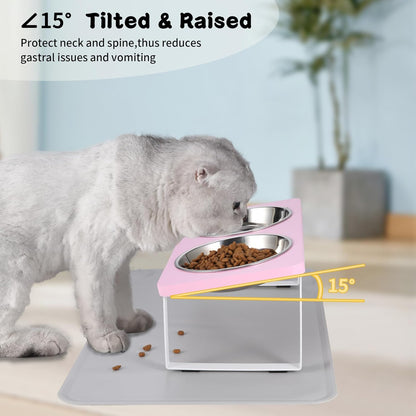 Upgraded Elevated Cat Bowls with Food Mat,15°Tilted Stand Anti Vomiting Raised Cat Dishes for Food