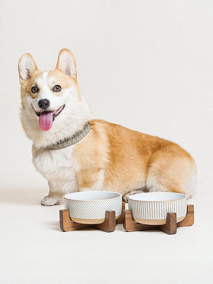 Ceramic Dog Bowls for Medium Small Dogs - 4 Cup Medium Dog Food and Water Bowls with Wood Stand