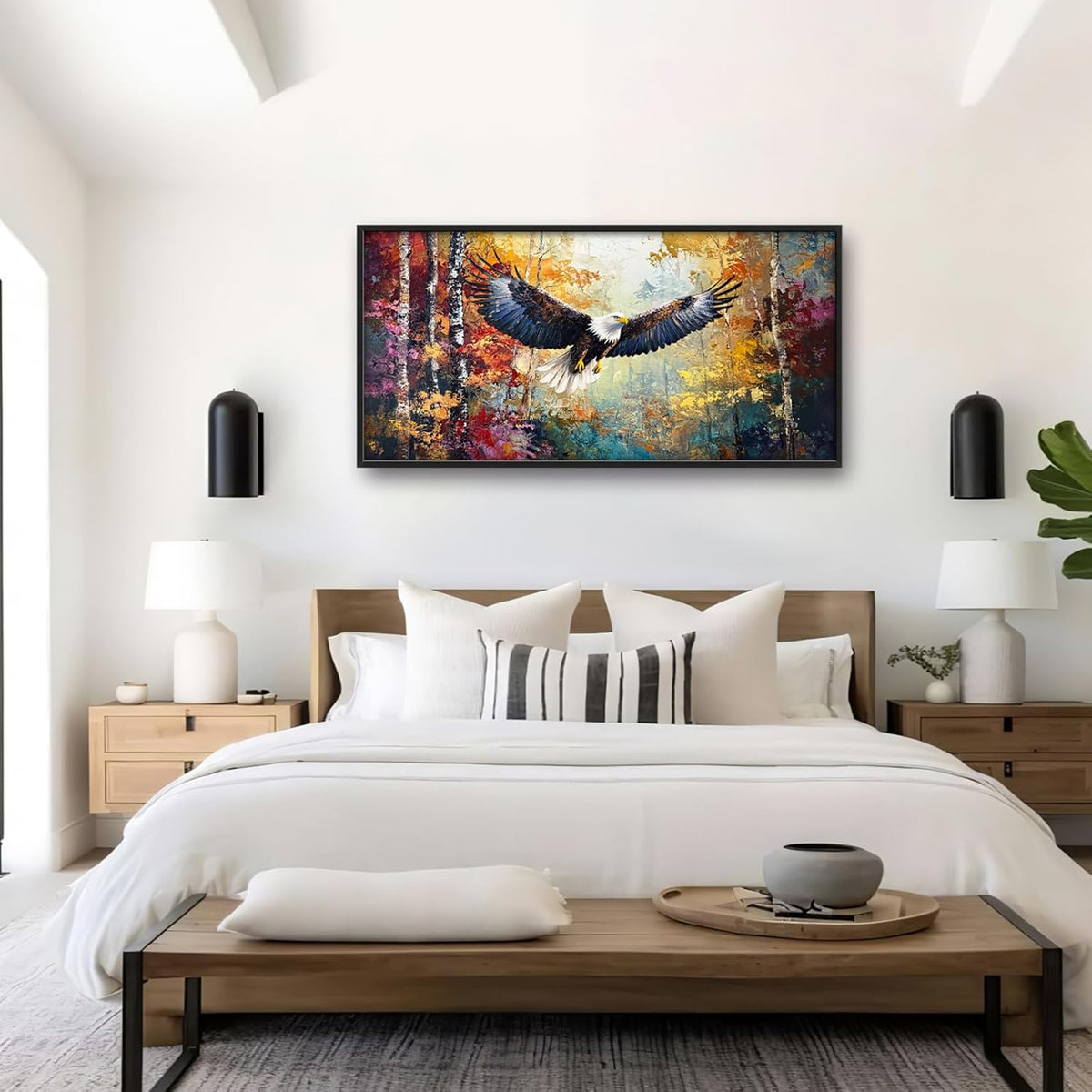 Extra Large Framed Bald Eagle Wall Art,Abstract Colorful Forest Wall Decor,Autumn Fall Forest