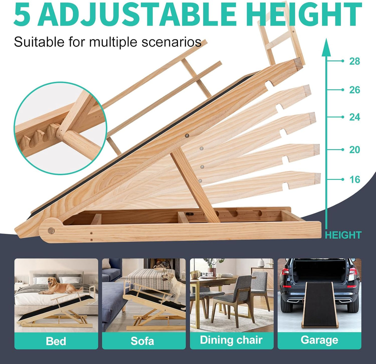 Dog Ramp, 5 Level Adjustable Height Folding Pet Ramp for High Bed, Portable Paw Ramps Large Bed