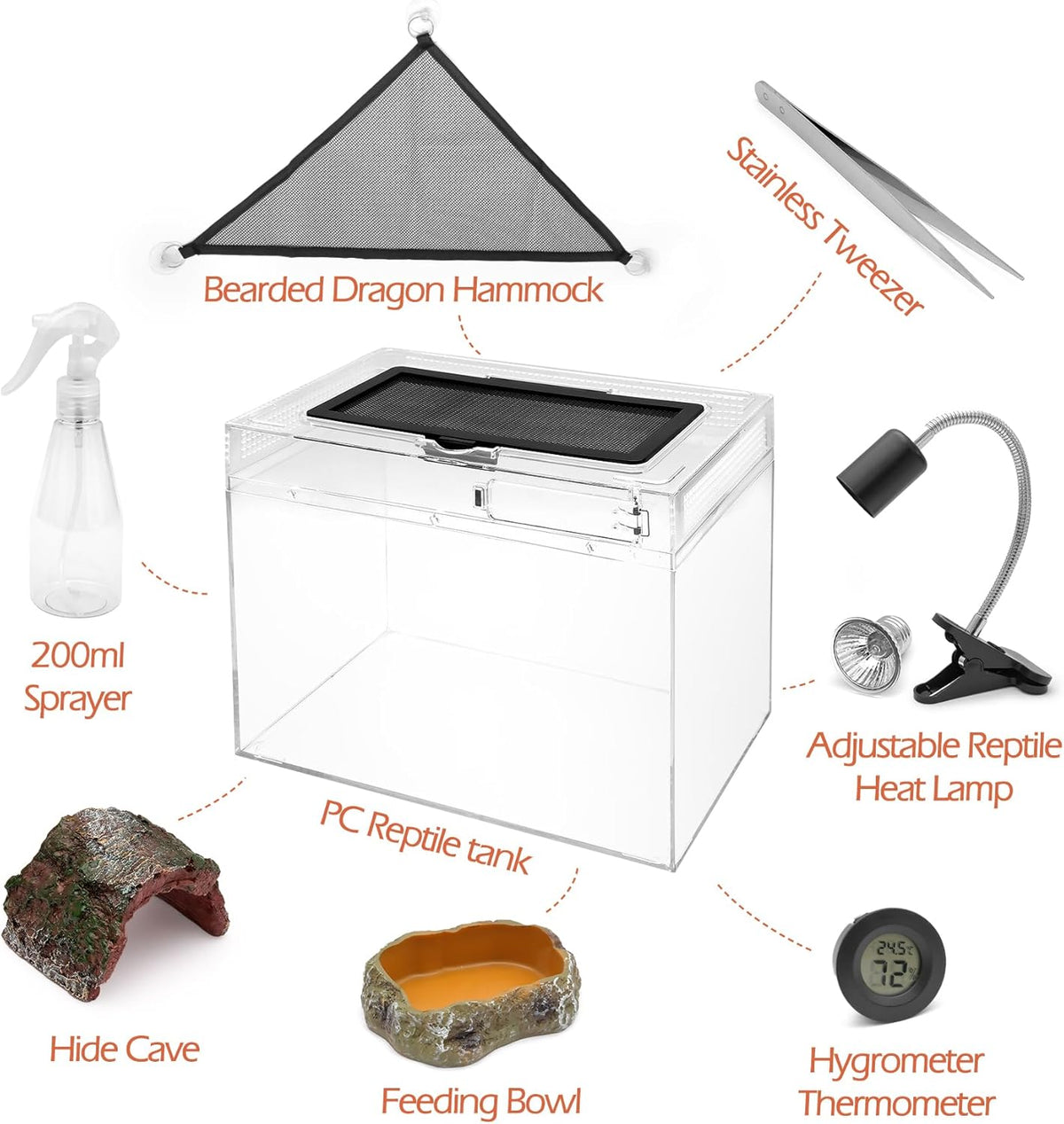 AZV Habitat Terrarium Enclosure,Small Reptile Tank with Bearded Dragon Hammock,Heat Lamp,Hide Cave