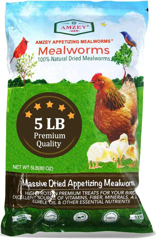 Amzey Appetizing Mealworms 5 LBS- 100% Non-GMO Dried Mealworms - Large Meal Worms - High Protein