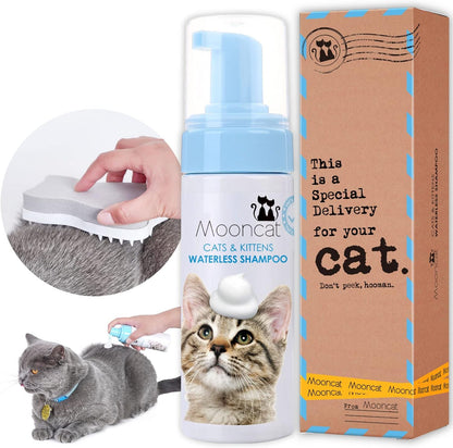 Mooncat Waterless Cat Shampoo+Cat Brush, Licking Safe Dry Shampoo for Cats, No Rinse Foam Cat Bath