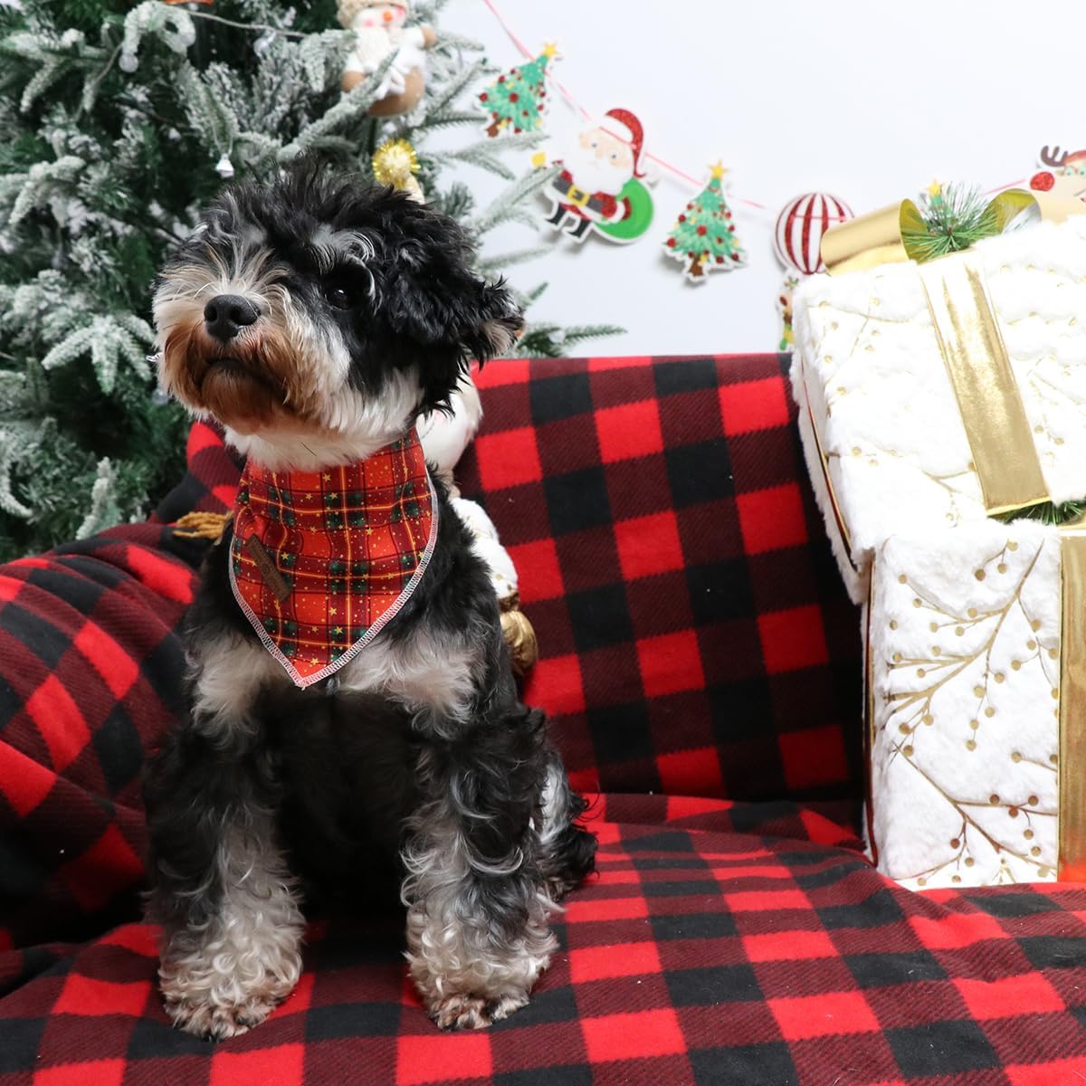 Lionet Paws Christmas Dog Bandana for Small Medium Dogs,Grid Dog Kerchief Washable Dogs Triangle