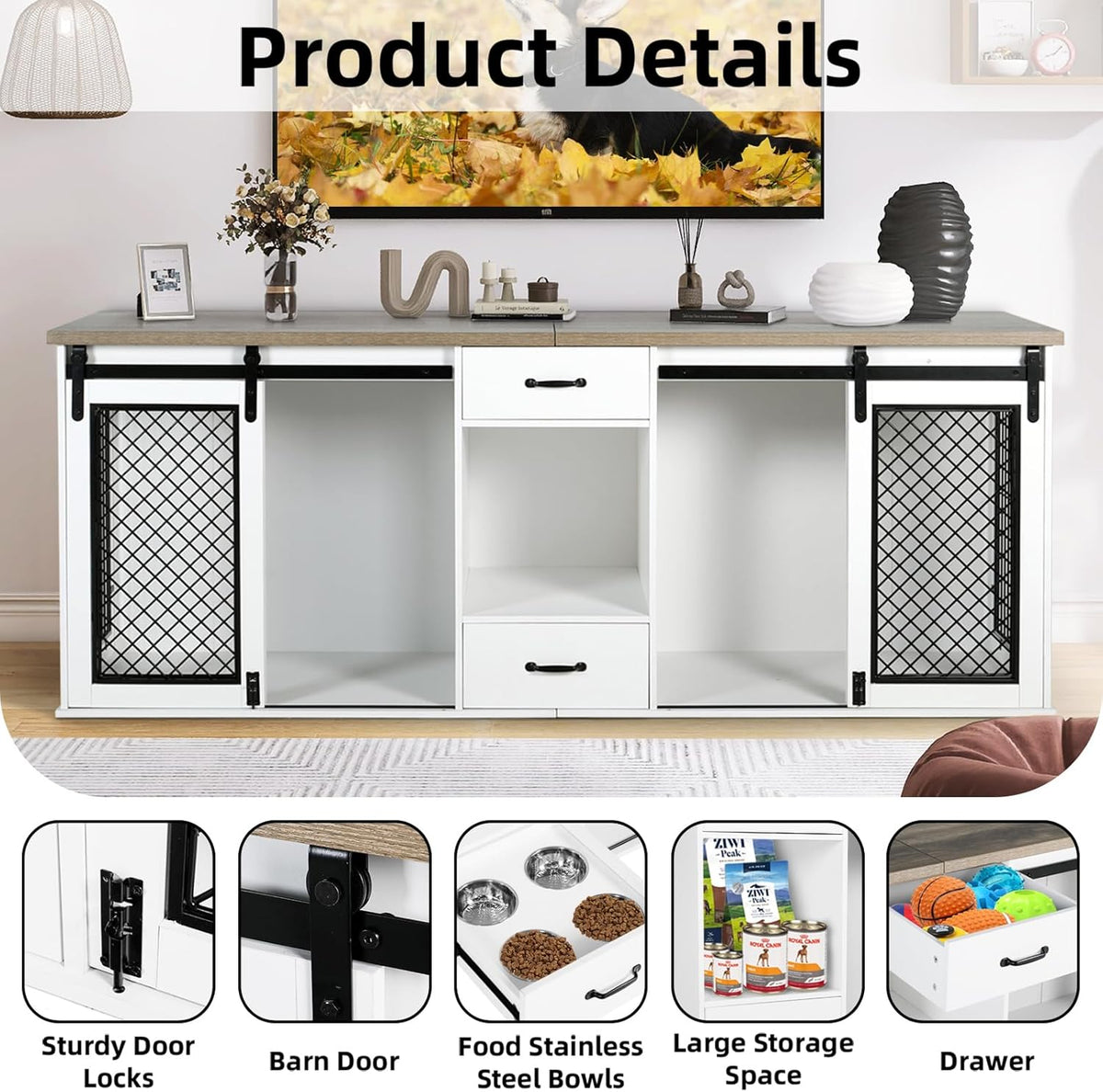 Extra Large Dog Crate Furniture, 85" Sliding Door Double Kennel for 2 Large Dogs Divided, Heavy