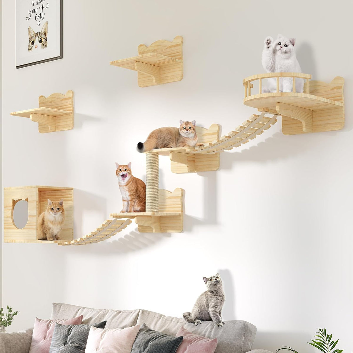 Cat Wall Shelves, Cat Wall Furniture Pine Wooden Feline Shelf, 9 Piece Shelves and Perches with
