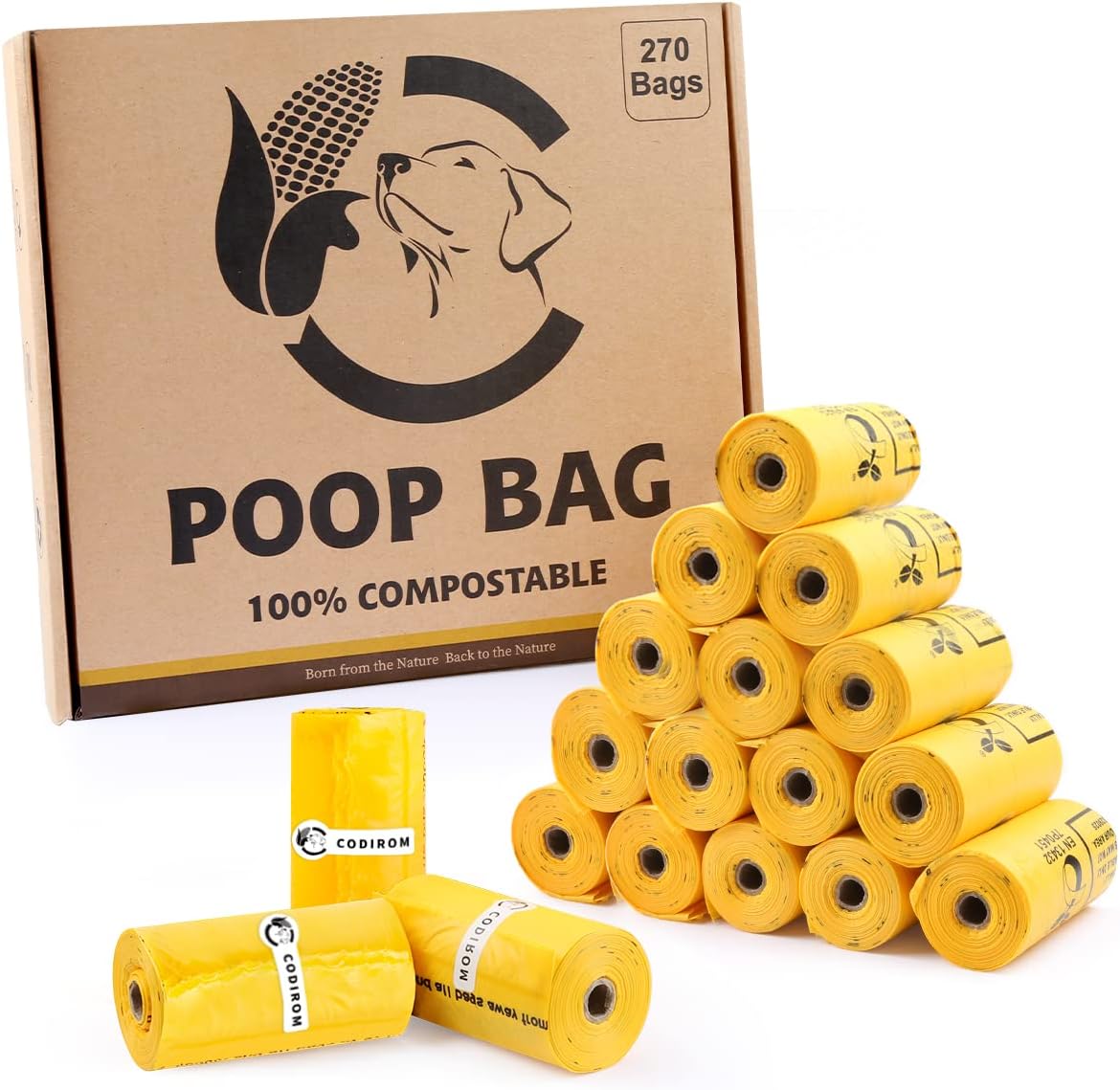 Certified Compostable Dog Poop Bags, 270 Count Landfill Friendly and Leakproof Waste Bags, Easy