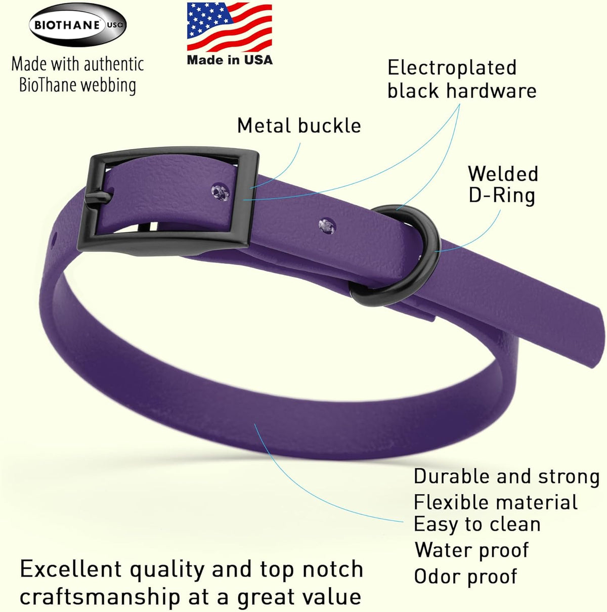 Dogline Biothane Waterproof Dog Collar Strong Coated Nylon Webbing with Black Hardware Odor- Proof