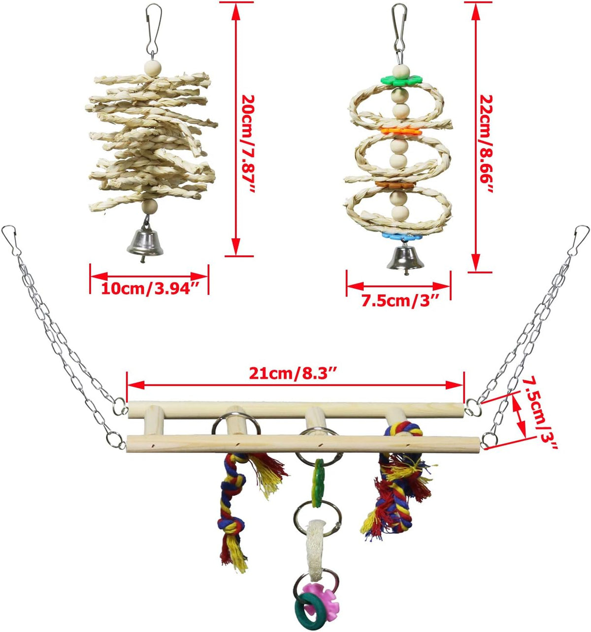 BWOGUE 7 Pack Bird Parrot Toys - Natural Wood Chewing, Climbing, Hanging & Hammock Toys for Small