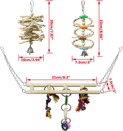 BWOGUE 7 Pack Bird Parrot Toys - Natural Wood Chewing, Climbing, Hanging & Hammock Toys for Small