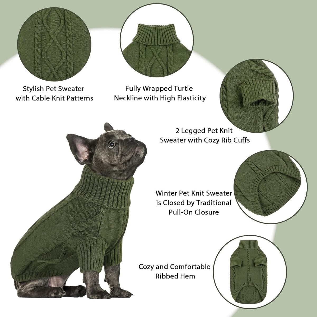 Queenmore Small Dog Pullover Sweater, Cold Weather Cable Knitwear, Classic Turtleneck Thick Warm
