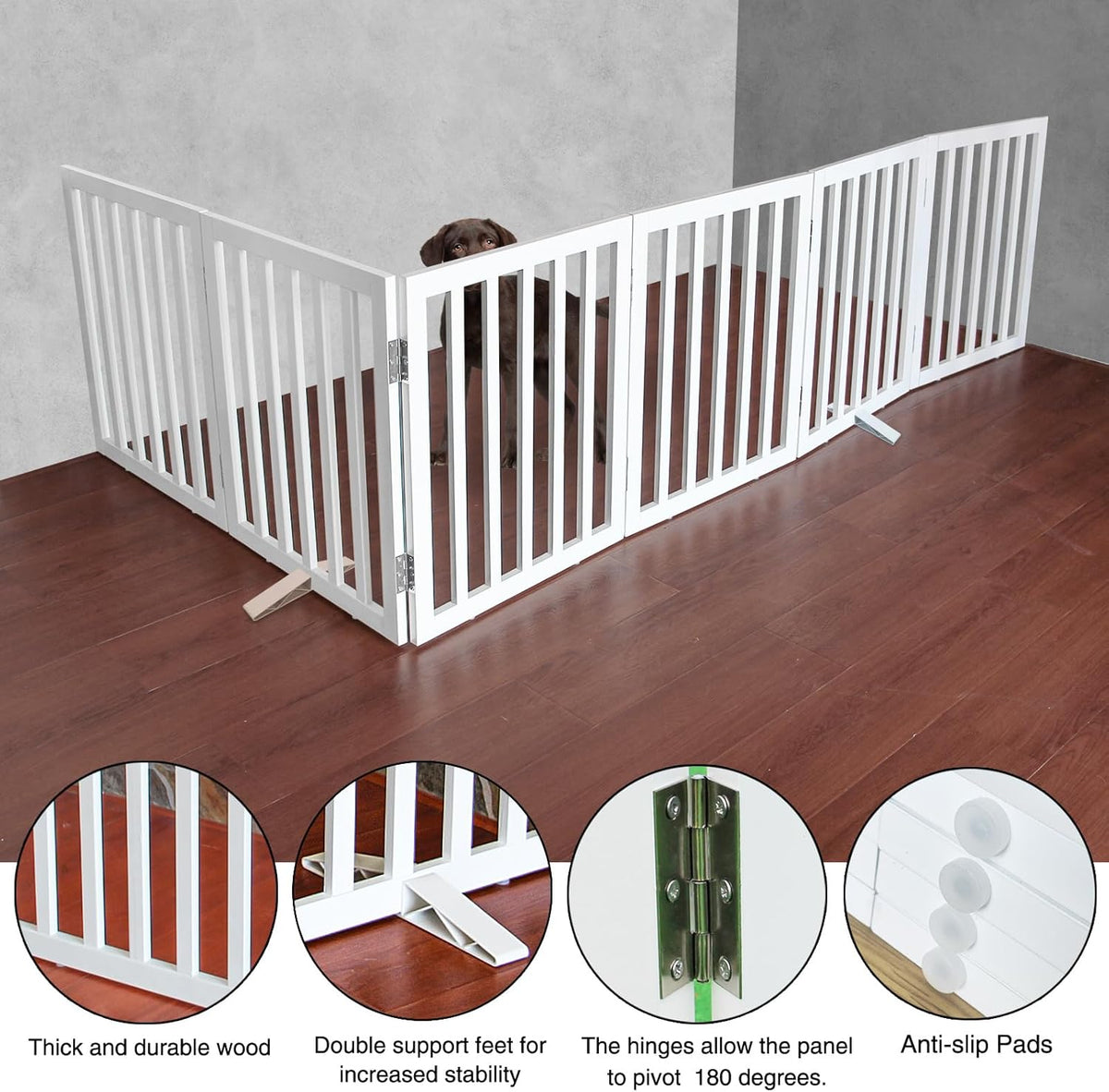 ZJSF Freestanding Indoor Dog Gate for House Foldable Wood White Puppy Gate for Doorways Pet Gate