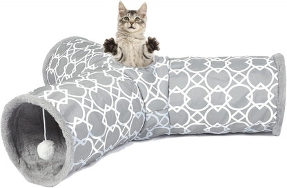 LUCKITTY Geometric 3 Way Cat Tunnel with Plush Inside,Cats Toys Collapsible Tunnel Tube with Balls