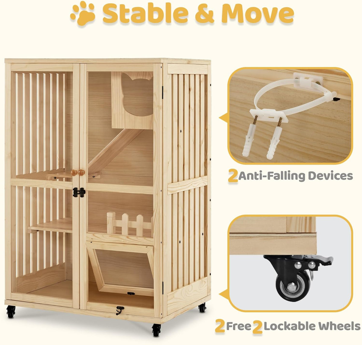 MCombo Wooden Cat Houses for Indoor Cats, Luxury Kitten House with Scratching Pad, Lockable Doors